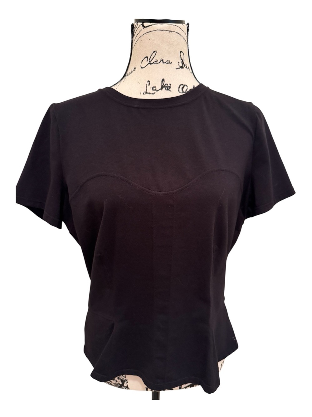 White House Black Market Black Short Sleeve Crewneck Top with Bust Seam Detail